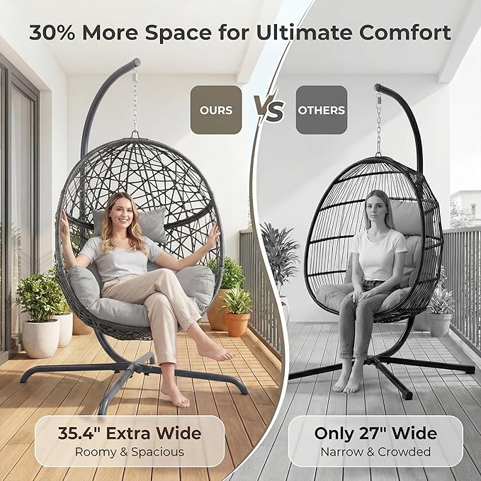 BULEXYARD Oversized Hanging Egg Chair with Stand Indoor Outdoor Grey Wicker Bird Cage Swing Chair Patio Hammock Egg-Shaped Chair with Light Grey Cushion for Sunroom Deck 350lbs Capacity