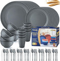 Wheat Straw Dinnerware Sets64-Piece Plates and Bowls Sets for 8-UnbreakableReusable Plastic Dish Set-Dinner Plate/Dessert Plate/Cereal Bowl/Cup/Utensils-Microwavable Dishwasher Safe 64P-Deep Gray