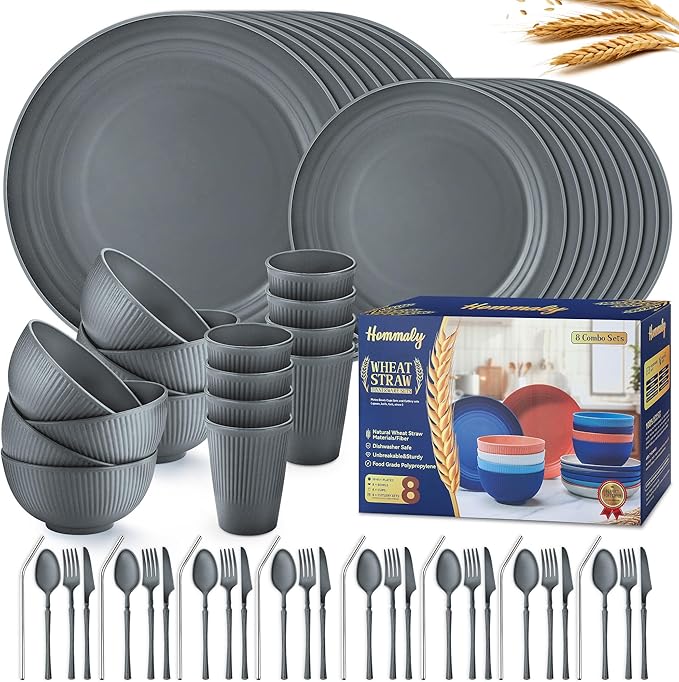 Wheat Straw Dinnerware Sets64-Piece Plates and Bowls Sets for 8-UnbreakableReusable Plastic Dish Set-Dinner Plate/Dessert Plate/Cereal Bowl/Cup/Utensils-Microwavable Dishwasher Safe 64P-Deep Gray