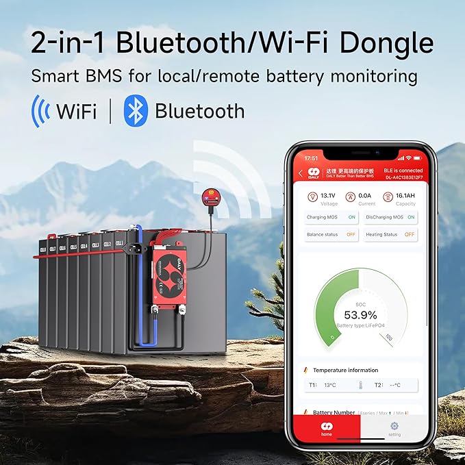 DALY BMS 48V 16S 100A Display - Smart BMS with 3 Inch LCD Screen WiFi Bluetooth Module Supports RS485 CAN for 48V LiFePO4 Golf Carts Electric Outboard Motors Solar Energy Power Systems