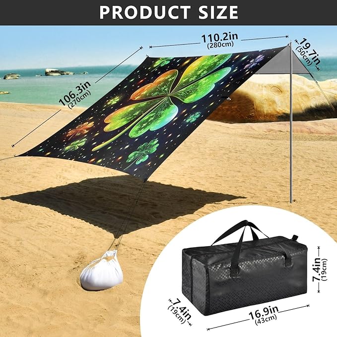 St Patrick's Clovers Glowing Beach Tent Sun Shelter Set UPF50+ UV Protection 10.5 x 9.19 FT Camping Shade Canopy with Sandbags Sand Anchors Carrying Bag and Others