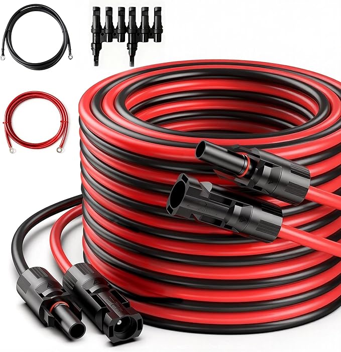 JJN Solar Extension Cable 8AWG(10mm²) 20Feet with MC4 Connector and 8Feet with OT ConnectorConnector Solar Panel Adaptor Kit Tool for Solar System Two Pair (Red + Black)