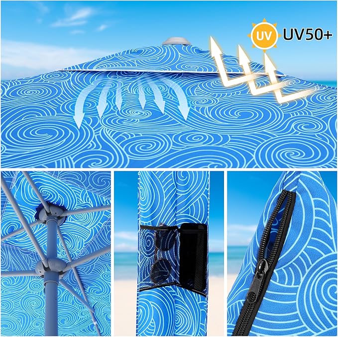 Jihfmo Beach Cabana 6.2'×6.2' Beach Canopy with Side Wall UPF 50+ UV Protection Easy Setup Tent Sun Shelter with Sand Pockets for Whole Family(Surging Waves)