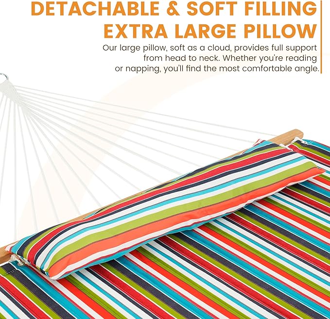 Lazy Daze Hammocks 12 FT Quilted Fabric Double Hammock with Spreader Bars and Detachable Pillow 450lbs Weight Capacity Bright Stripe