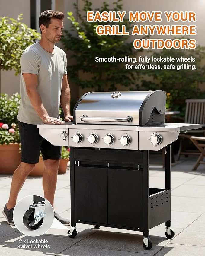 EUHOME 46500 BTU 4-Burner Propane Gas Grill with Side Burner – Stainless Steel Outdoor BBQ with Enameled Cast Iron Grates &amp Foldable Side Tables for Patio Backyard and Outdoor Cooking