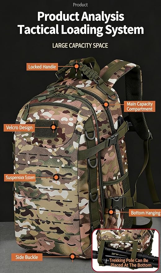 LINGYUE Tactical Backpack Bagpack Waterproof Hiking With USB Port 14 Laptop Compartment For Outdoor Camping Travel(D)