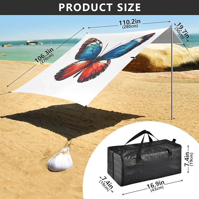 ALAZA Butterfly Blue &amp Red Beach Tent Sun Shelter UPF50+ Protection Beach Shade Canopy w/ 4 Sandbags for Outdoor Camping Fishing Backyard Fun Picnic 10x9 ft