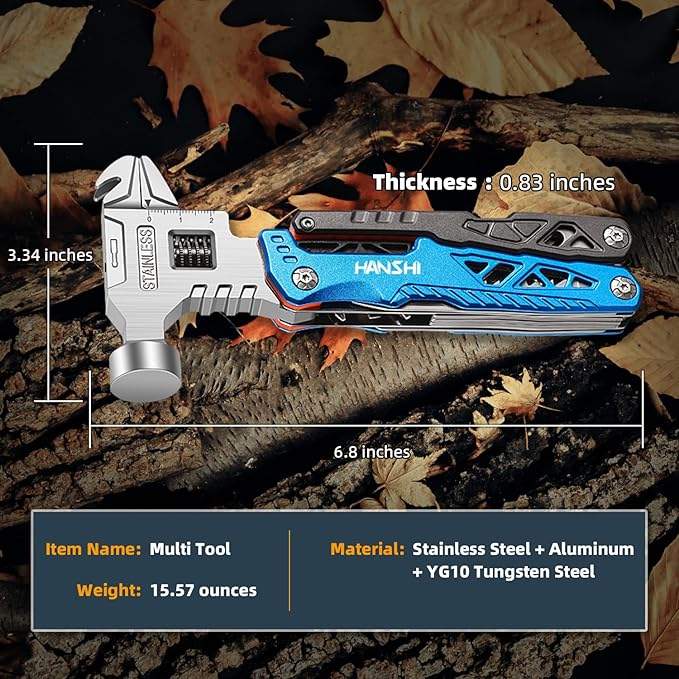 HANSHI Upgraded Adjustable Wrench Multitool Hammer with YG10 Tungsten Steel Replaceable Wire Cutters for Men18 in 1 Pocket Multi Tool Knife with Spring-Action Pliers for CampingSurvival (Blue)