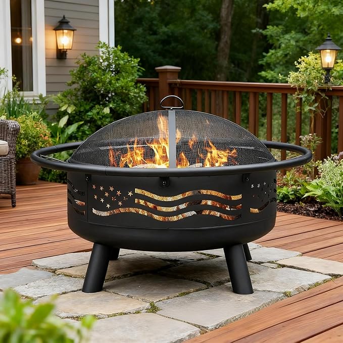 Breezz 32 Inch American Flag Fire Pit with Mesh Cover &amp Poker Round Metal Wood Burning Outdoor Firepit for Patio Garden Backyard Bonfire Ideal for 4th of July Memorial Day Christmas