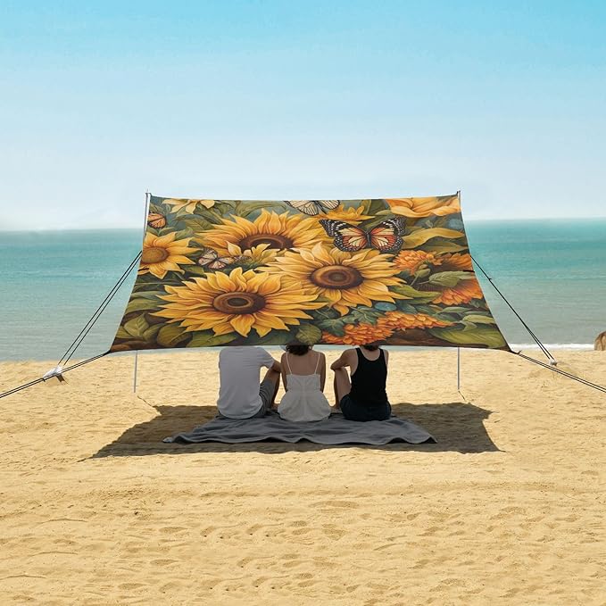 ALAZA Butterflies Sunflowers Watercolor Beach Tent Sun Shelter Portable Canopy Sunshade for Outdoor Camping Picnics Backyard Fun 10x9 ft