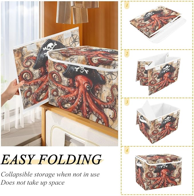 Octopus Pirate and Compass Collapsible Storage Bins with Lids Decorative Fabric Cubes Closet Organizer Basket Boxes Containers for Clothes Box Chest Folding Rectangle
