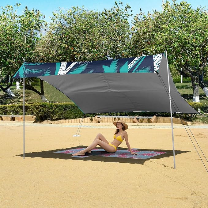 Beach Canopy with Windproof Ropes &amp Sandbags Beach Tent Sun Shade Sun Shelter for Camping Trips Fishing Backyard Fun or Picnics Palm Tree