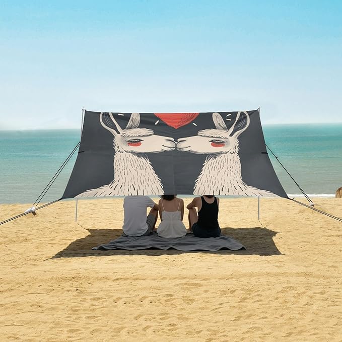 ALAZA Llamas Alpaca Love Heart Beach Tent Sun Shelter UPF50+ Protection Beach Shade Canopy w/ 4 Sandbags for Outdoor Camping Fishing Backyard Fun Picnic 10x9 ft
