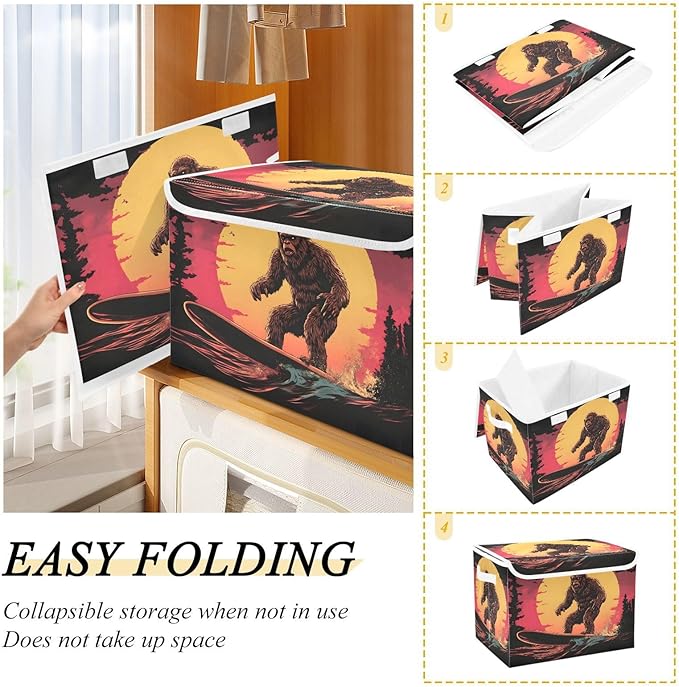 Storage Cube with Lid Surfing Sasquatch Print 16.5×12.6×11.8 IN 1 Pack Collapsible Large Capacity Foldable Storage Basket Bin Organizer