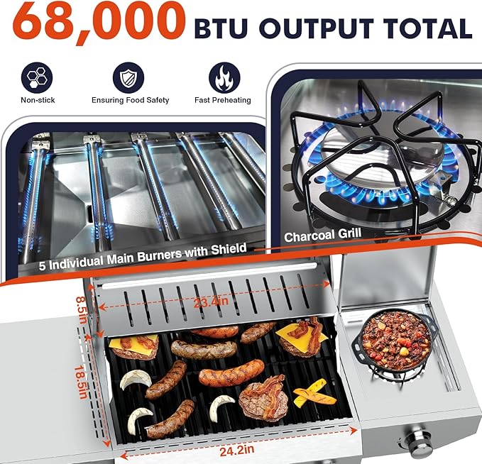 Llamaviva 5 Burner Propane Gas Grill with Side BurnerStainless Steel BBQ Grill with Porcelain-Enameled Cast Iron Grates 68000 BTU Cabinet-Style Cart Design for Outdoor Patio Barbecue- food clip