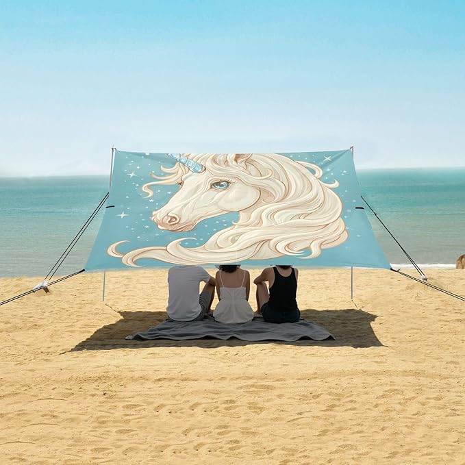 ALAZA Unicorn Portrait Star Beach Tent Sun Shelter UPF50+ Protection Beach Shade Canopy w/ 4 Sandbags for Outdoor Camping Fishing Backyard Fun Picnic 10x9 ft