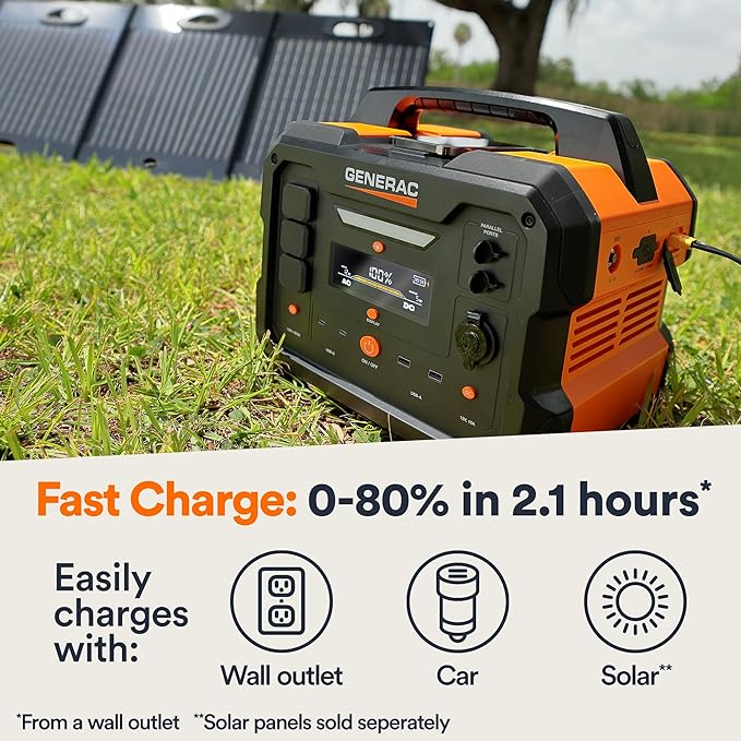 Generac 1086Wh Portable Power Station with Lithium-Ion Battery - Clean Emission-Free Power - Wirless Charging Pad and Compact Design - Camping RV Indoor/Outdoor Use - Orange/Black