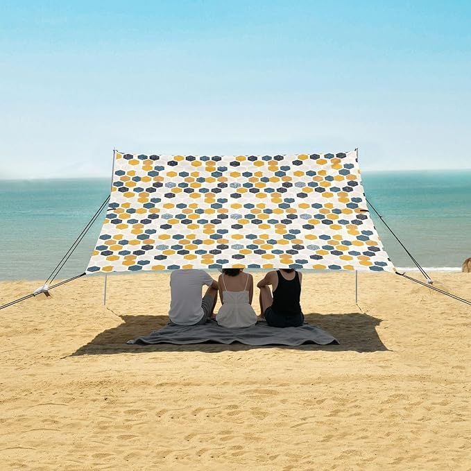 ALAZA Retro Hexagons Honeycomb Beach Tent Sun Shelter UPF50+ Protection Beach Shade Canopy w/ 4 Sandbags for Outdoor Camping Fishing Backyard Fun Picnic 10x9 ft