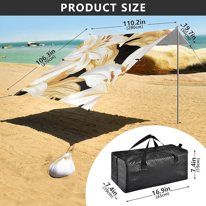 ALAZA White Golden Lily Beach Tent Sun Shelter Portable Canopy Sunshade for Outdoor Camping Picnics Backyard Fun 10x9 ft