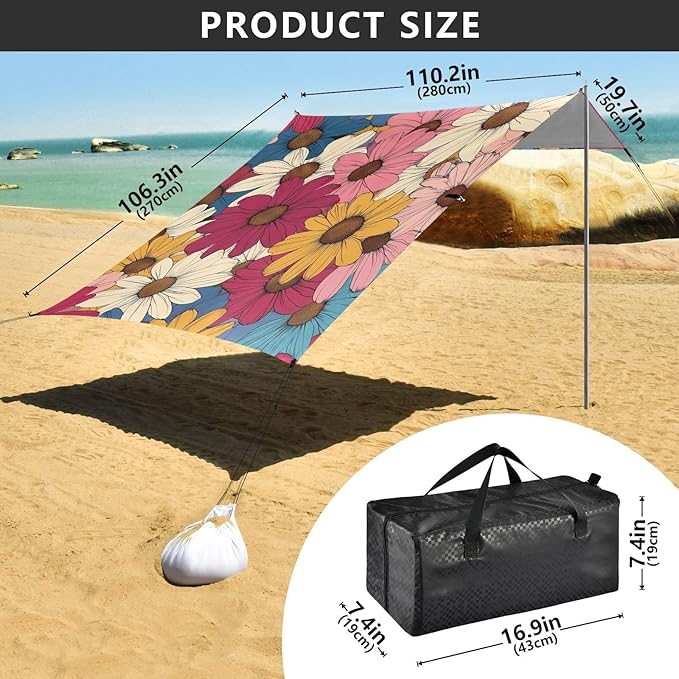 ALAZA Colorful Daisy Cute Flower Beach Tent Sun Shelter Portable Canopy Sunshade for Outdoor Camping Picnics Backyard Fun 10x9 ft