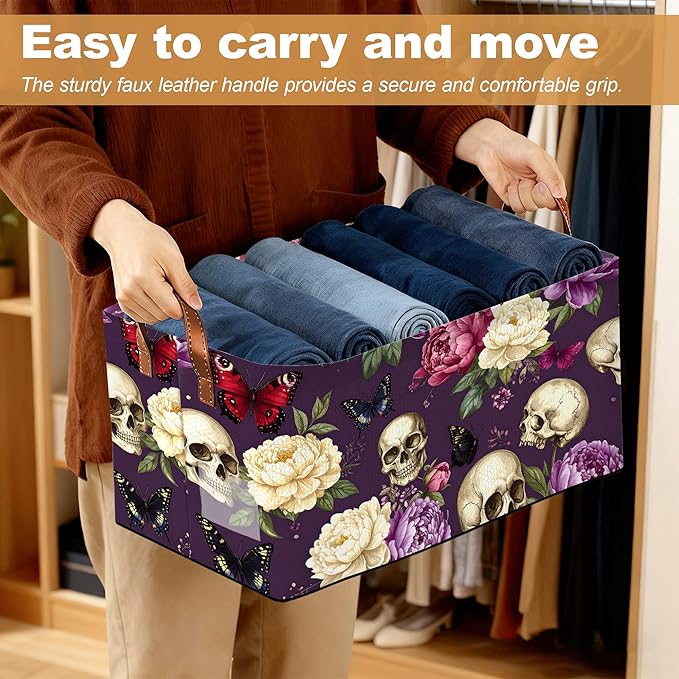 Purple Flower Skeleton Storage Bins with Handles Collapsible Storage for Clothes Gift Basket Blankets &amp Closet Organization