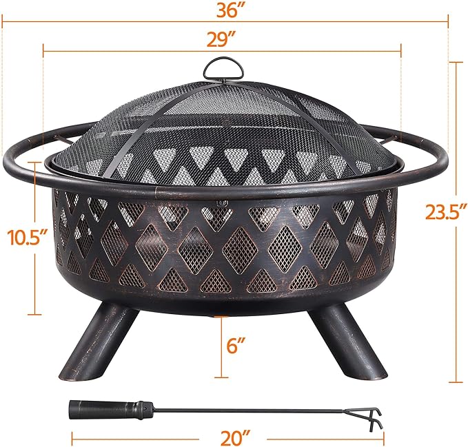 Yaheetech Fire Pit 36in Outdoor Wood Burning Fire Pits Wood Large Fire Bowl for Outside BBQ Bonfire Patio with Mesh Spark Screen Poker and Rain Cover