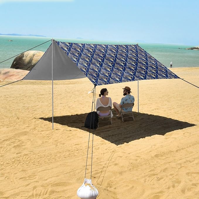 ALAZA Art Deco Floral Royal Blue &amp Gold Beach Tent Sun Shelter UPF50+ Protection Beach Shade Canopy w/ 4 Sandbags for Outdoor Camping Fishing Backyard Fun Picnic 10x9 ft
