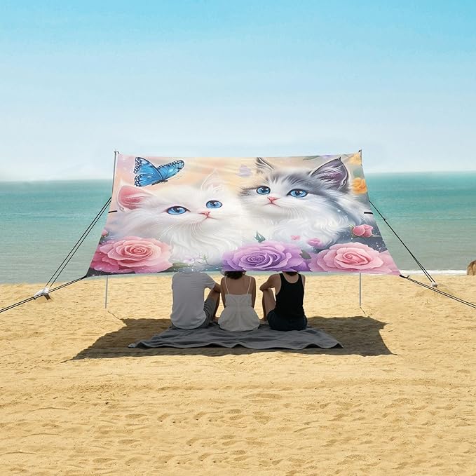 ALAZA Cats Butterfly Rose Kitten Beach Tent Sun Shelter UPF50+ Protection Beach Shade Canopy w/ 4 Sandbags for Outdoor Camping Fishing Backyard Fun Picnic 10x9 ft