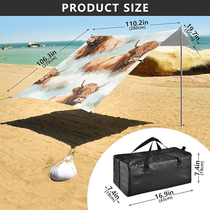 ALAZA Highland Cattle Watercolor Background Pattern Beach Tent Sun Shelter Portable Canopy Sunshade for Outdoor Camping Picnics Backyard Fun 10x9 ft