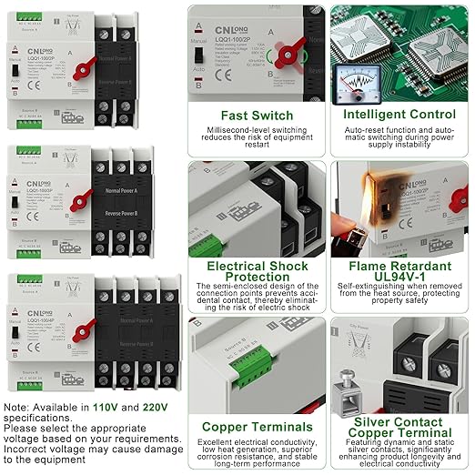 AC110V/120V 100Amp Automatic/Manual Transfer Switch 2P 50/60Hz 2Poles Mini ATS Auto Dual Power Switch Automatic Changeover Fast Transfer for Home Generator Soalr Rv and Lv Power