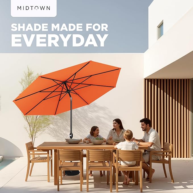 Midtown Umbrellas - 10-Year-No-Fade 6 Ft Patio Umbrella with Terylast Fabric Auto-Tilt Aluminum Frame and 8 Reinforced Ribs for Deck Pool Garden &amp Beach - Tangerine Canopy Black Pole