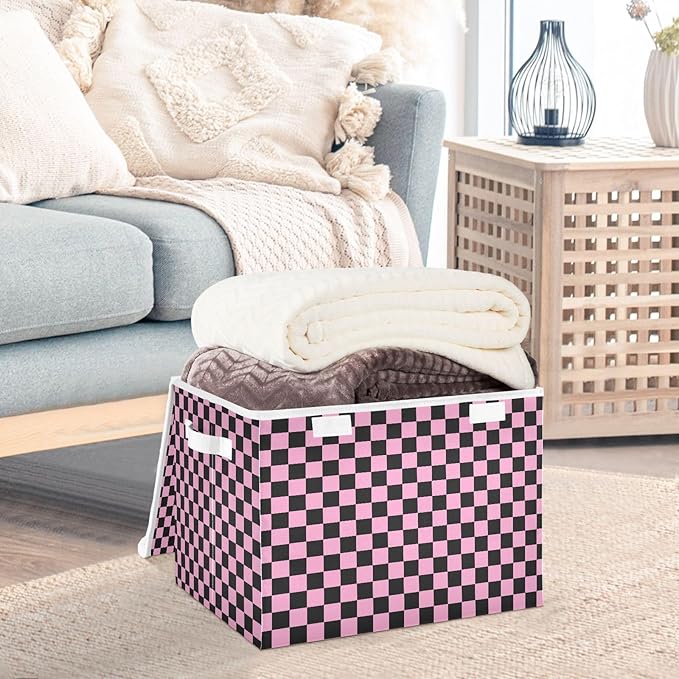 Pink Black Checkerboard Storage Baskets Lidded Bin Foldable Storage Boxes Cubes Lids with 2 Handles for Organizing Closet Home Office