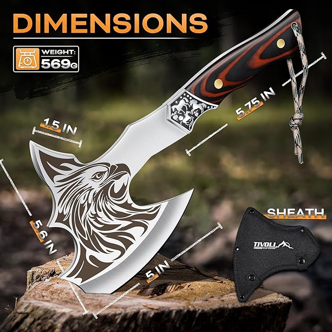 TIVOLI Camping Axe Eagle - Patterned Survival Hatchet with Nylon Sheath High Carbon Steel Blade Compact Outdoor Bushcraft Axe with Ergonomic Wood Grip Camping Gear for Hiking Chopping Hunting