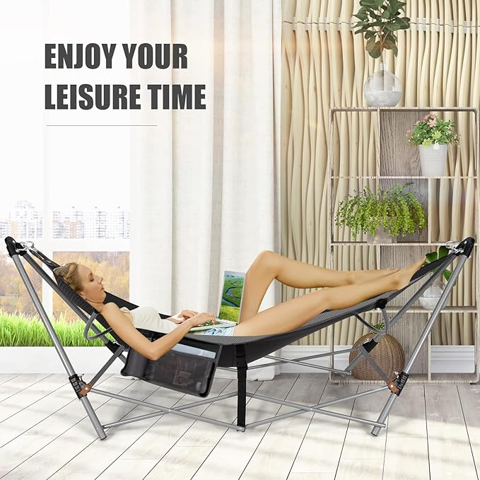 Portable Folding Hammock w/Side Pocket Lounge Camping Bed w/Metal Stand &amp Anti-tip Buckles Outdoor Camping Hammock with Carrying Bag for Patio Garden Yard Easy Assembly (Black)