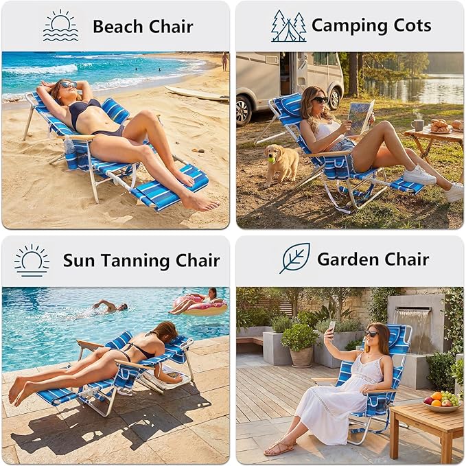 Backpack Beach Chair for Adults with 5-Position Footrest Double Shoulder Straps Folding Tanning Chair with Face &amp Arm HoleSunbathing Lounge Chair for Pool Beach Lawn (Navy)