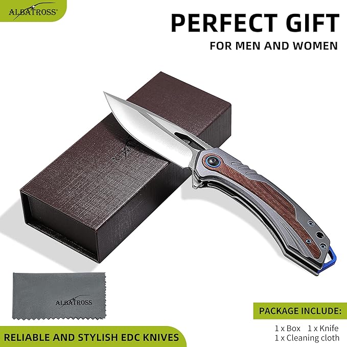 Artistic Valentine‘s Gift Colorful Wood Handle Folding Knife 3.3” Satin D2 Blade Silver Aluminum Flipper Ergonomic Gift Case