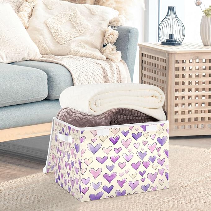 Storage Bins With Lid Stackable Fabric Closet Organizer Clothing Storage Large Boxes For Closet Shelves Bedroom Purple Hearts Minimotifs Diverse
