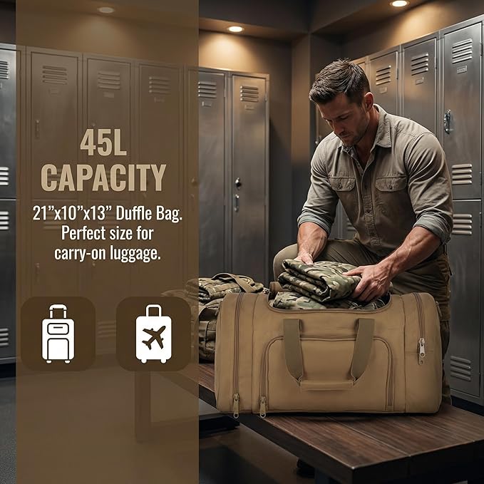 Military Tactical Outdoor Gym Bag Small Duffel Bag with Shoes Compartment for Sports Travel Camping Hunting (A-Tan)