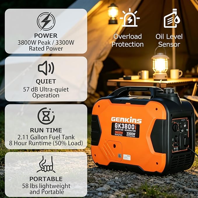 GENKINS Portable Inverter Generator 3800 Watt Gas Generato Super Quiet with Parallel Capability for RV Ready Camping Outdoor EPA Compliant