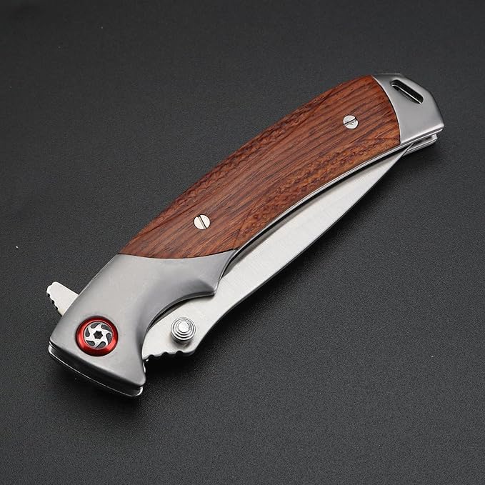 Tactical Folding Knife 4in Stainless Steel Mirror Blade Rosewood Handle EDC Knife with Safety Liner-Lock Hand-blocking Design