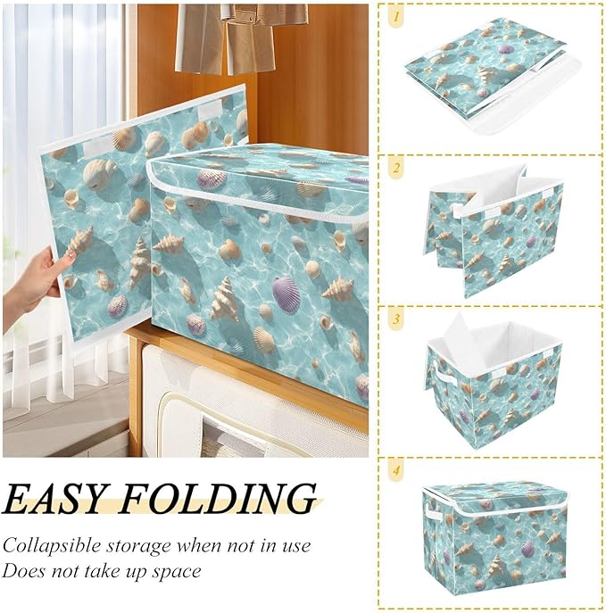 Blue Sea Shell Summer Collapsible Storage Bins with Lids Decorative Fabric Cubes Closet Organizer Basket Boxes Containers for Clothes Box Chest Folding Rectangle
