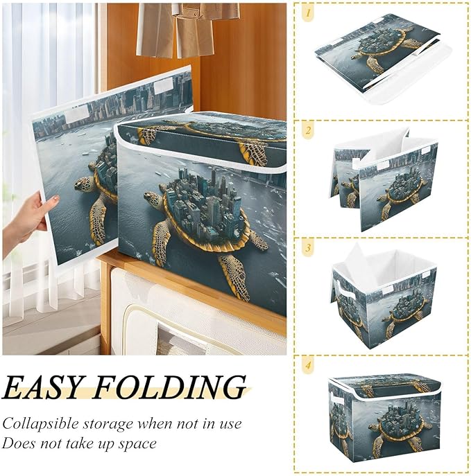 Storage Cube with Lid Surreal Sea Turtle Print 16.5×12.6×11.8 IN 1 Pack Collapsible Large Capacity Foldable Storage Basket Bin Organizer