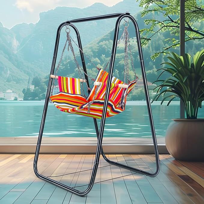 Hammock Chair Stand Indoor Balcony Swing Chair with Rack Heavy-Duty Hammock with Stand Included Kids Hammock Chair for Outdoor Patio Yard A-Shaped Cotton Rope Solid Wood Fixing Bearing 440lbs