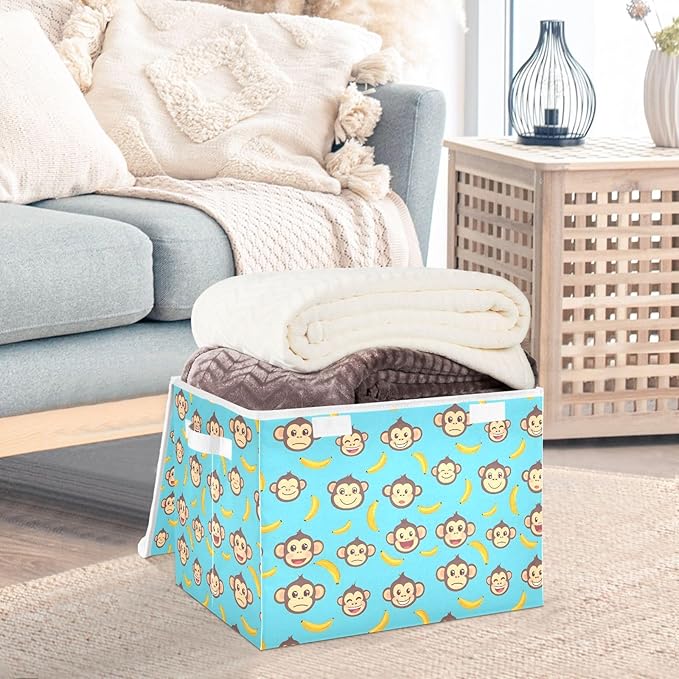 MNSRUU Containers Baskets with Lids Banana Monkey Face Blue Foldable Storage Bins Organizer with Lid Collapsible Storage Boxes for Home Bedroom Closet Office