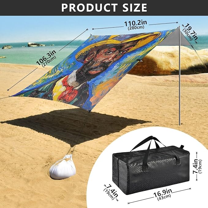 ALAZA African American Gogh Beach Tent Sun Shelter UPF50+ Protection Beach Shade Canopy w/ 4 Sandbags for Outdoor Camping Fishing Backyard Fun Picnic 10x9 ft