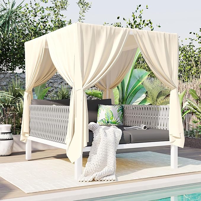 Polibi Outdoor Patio Sunbed with Beige CurtainsOutdoor Sun Lounger Bed with PillowsRubber Core Rope Weaving Outdoor Double Chaise Lounge Suitable for PoolGardenGray+Beige
