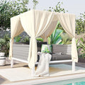 Polibi Outdoor Patio Sunbed with Beige CurtainsOutdoor Sun Lounger Bed with PillowsRubber Core Rope Weaving Outdoor Double Chaise Lounge Suitable for PoolGardenGray+Beige