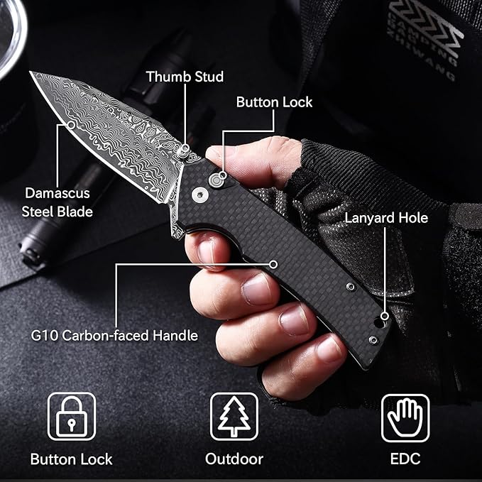 Damascus Pocket Knife for Men 3.35 Sharp Damascus Steel Blade Folding Knives Carbon-Faced G10 Handle EDC Knifes for Camping Hiking Collection