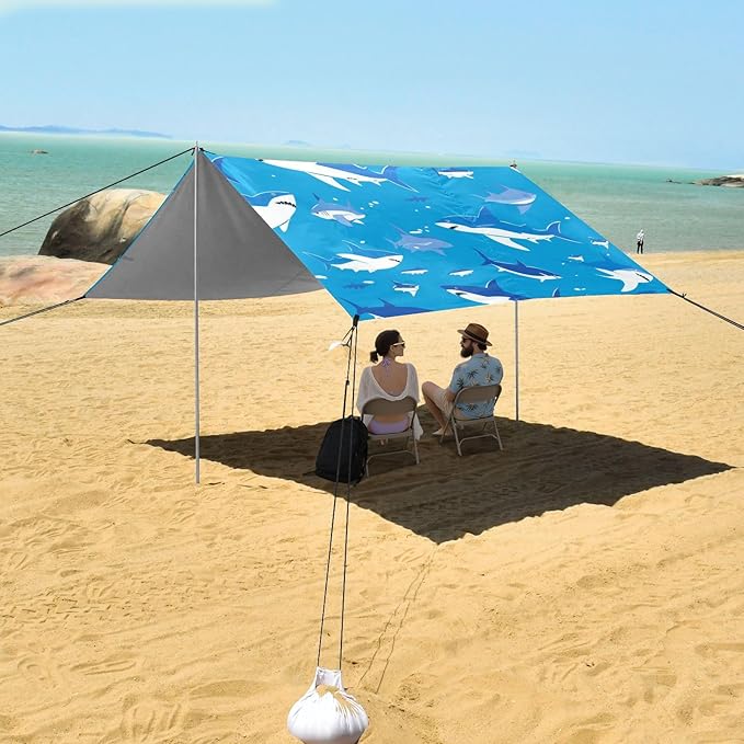 Shark Ocean Navy Blue Foldable Beach Canopy UPF50+ Protection Easy Setup Large Sun Shelter with Carrying Bag for Camping Picnics Backyard