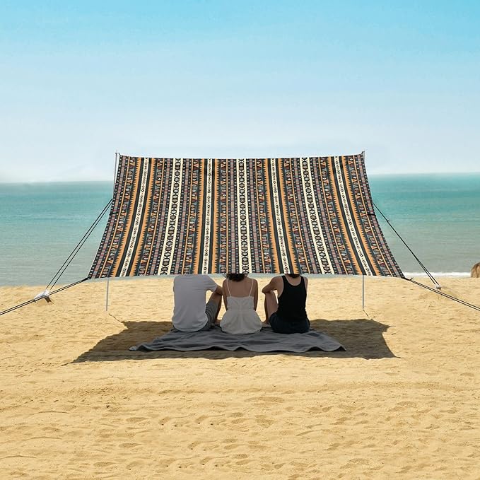 ALAZA Colorful Bohemian Stripes Beach Tent Sun Shelter UPF50+ Protection Beach Shade Canopy w/ 4 Sandbags for Outdoor Camping Fishing Backyard Fun Picnic 10x9 ft